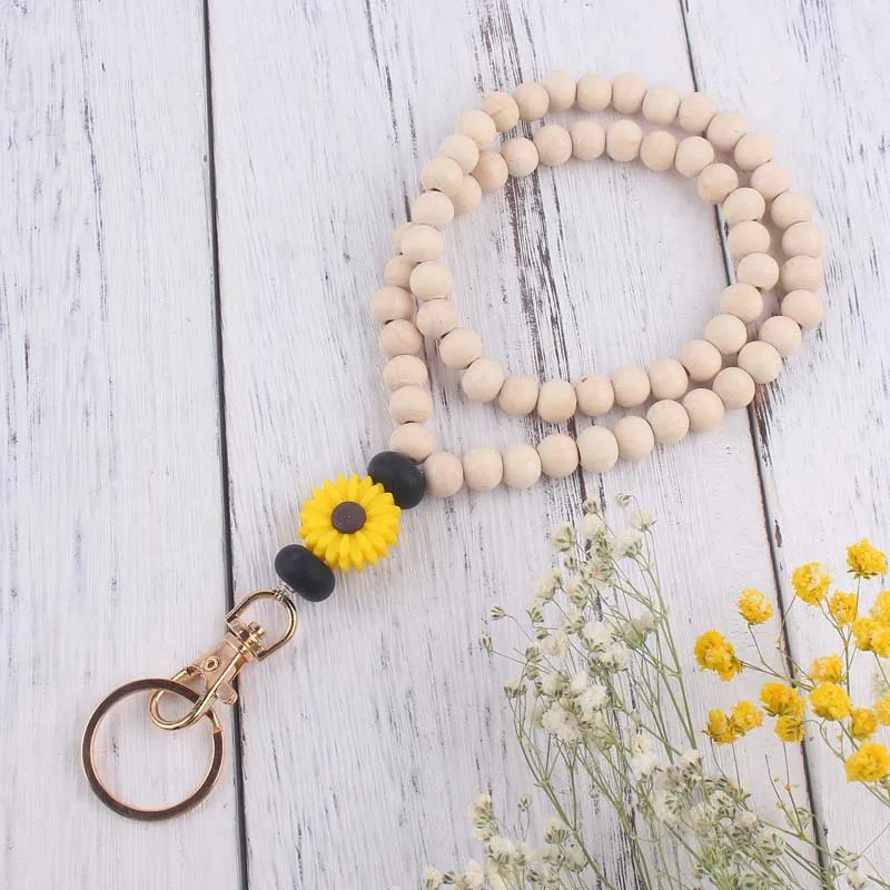 

Personalised design Daisy Wood Bead Lanyard Flower Teacher Badge Holder Beaded necklace Lanyard for Keys ID Nurse Student Gift