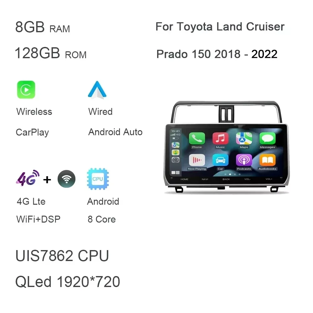 

QLED 1920*720 Carplay 12,3 "Android 13,0 8 ГБ + 128 ГБ Автомобильный dvd-плеер GPS WIFI радио для Toyota Land Cruiser Prado 150 2018 - 2022