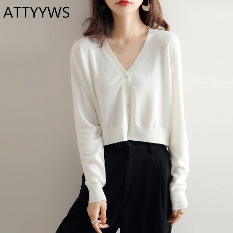 

Casual V Neck Ladies Long Sleeve Cardigan Sweater Short Knit Solid Color Jacket Sweater Summer Hot Sale New Thin Women Cardigan