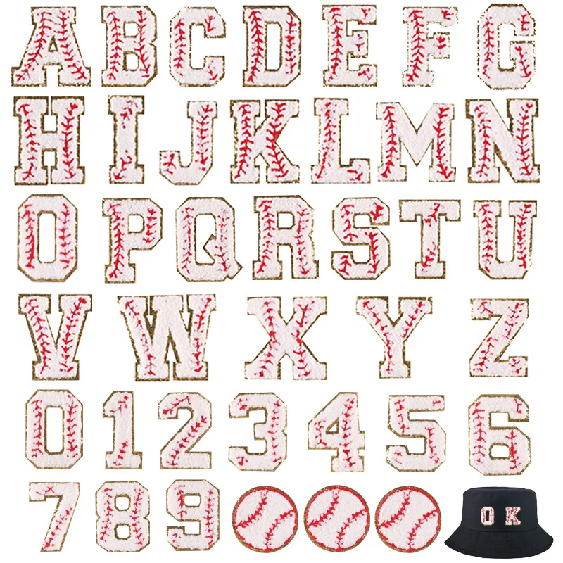 Gold Outline Baseball Style Embroidery Chenille Digit Alphabet Patch for Backpack Hat Jacket Clothing Diy Accessories