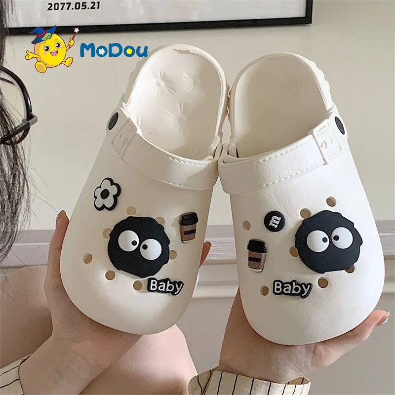 

Mo Dou Children's Sandals Soft Home Slippers Non-slip Toe-wrapped Lovely DIY Coals Cozy Parent-child Breathable Beach Slides