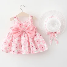 Летняя одежда для новорожденных, одежда для маленьких девочек, корейское милое хлопковое пляжное платье без рукавов с принтом + сарафан, платья принцессы BC003