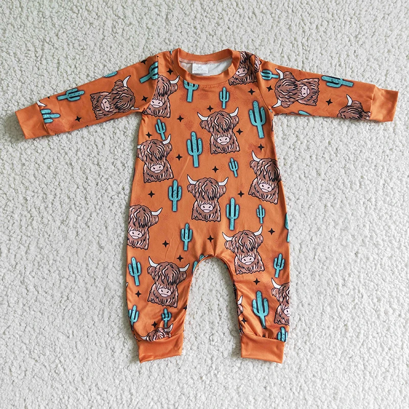 Baby Boy Western Highland Cow New Romper Brown Long Sleeve Cactus Bodysuit Snap Botton Jumpsuit Kids Toddler One-piece Clothes
