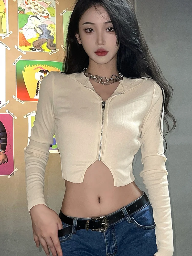 

Kalevest Y2K High Street Crop Tops Apricot Backless Long Sleeve Tops Acubi Fashion Open Back Women Tops New Arrive Gyaru Clothes