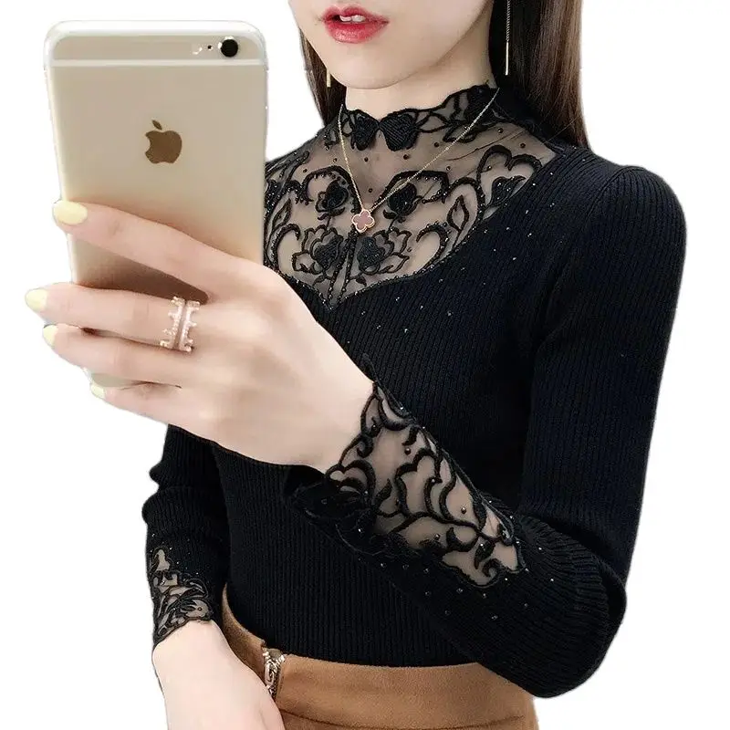 

Fashion Sweater Women's Slim Short Sweater 2023 New Fashion Wear Lace Collar Bottoming Shirt Foreign Long-sleeved Blouse Women