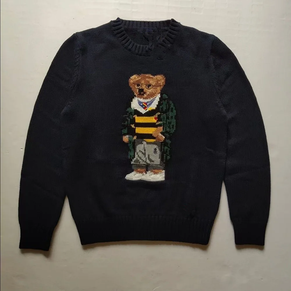 Men's Round Neck Sweater Embroidered Cotton Bear Autumn And Winter Casual Wear Long Sleeved Top New In 2022