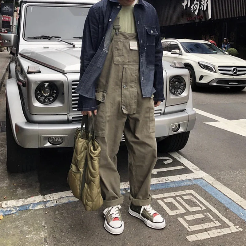 Japanese Retro Ami Kaki Overalls Men's Loose Suspenders Rompers Suits Bf Skills Jumpsuits Cotton Mecanic Function Work Pants