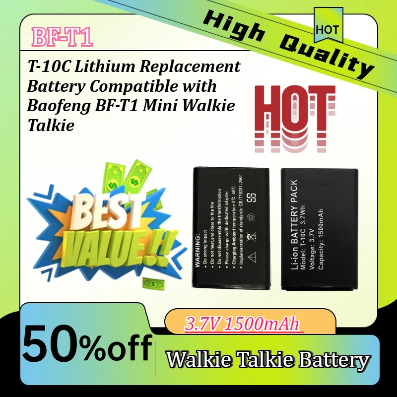 Фото Литиевая сменная батарея 3.7V 1500mAh T-10C, совместимая с мини-рацией Baofeng BF-T1 №1