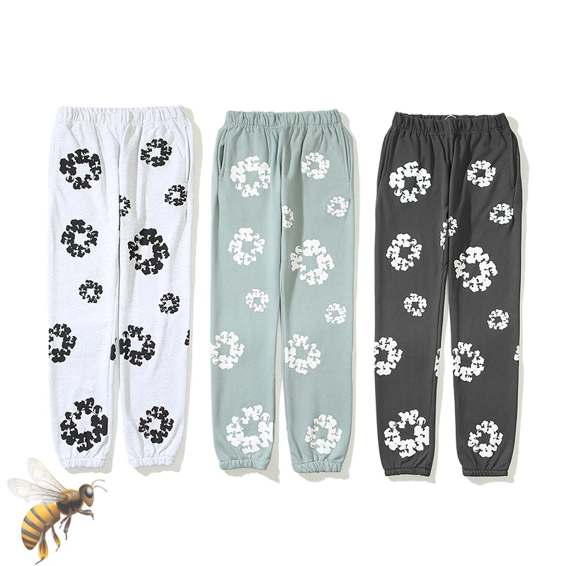 Puff Print Flower Pants Men Women High Quality Drawstring Black Sweatpants Streetwear Hip Hop Pants