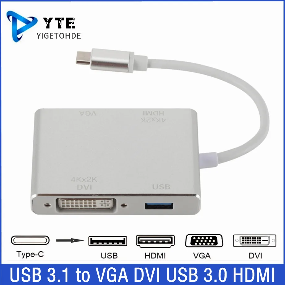 4 in 1 4k USB 3.1 TYPE C to VGA DVI USB 3.0 HDMI-compatible Adapter Cable For Laptop Projector Projector USB C HUB Splitter