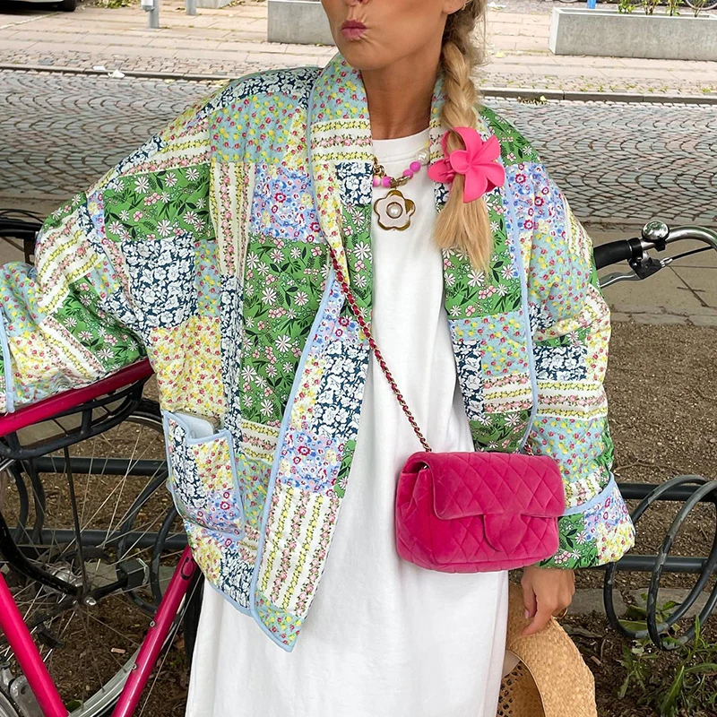 

Winter Bread Coat Women Contrast Print Lapel Jacket Cardigan Autumn Long Sleeve Pocket Warm Cotton Coat Outerwear Mujer Harajuku