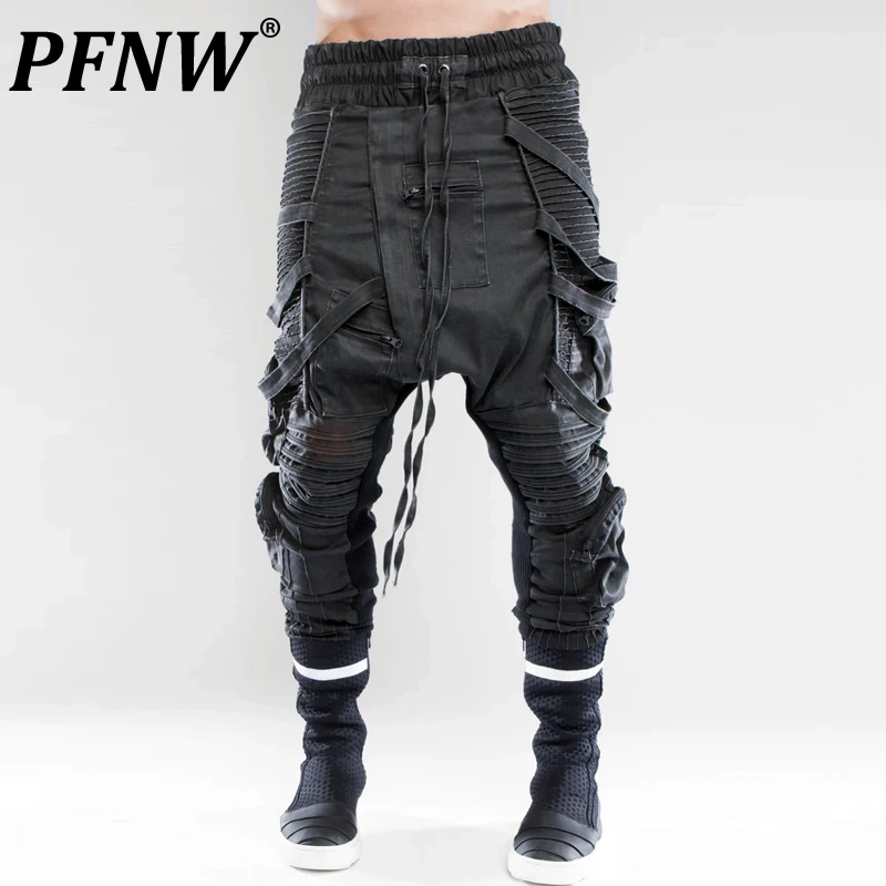 

PFNW Spring Autumn New Men's Vintage Asymmetric Straped Multi Dimensional Pockets Casual Pants Stylish Darkwear Trousers 28A1568