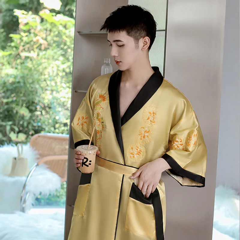 

Spring 2022 New Style Men's Pajamas Bathrobe Double Sided Chinese Dragon Satin Loose Comfortable Middle Long Pajama Pocket