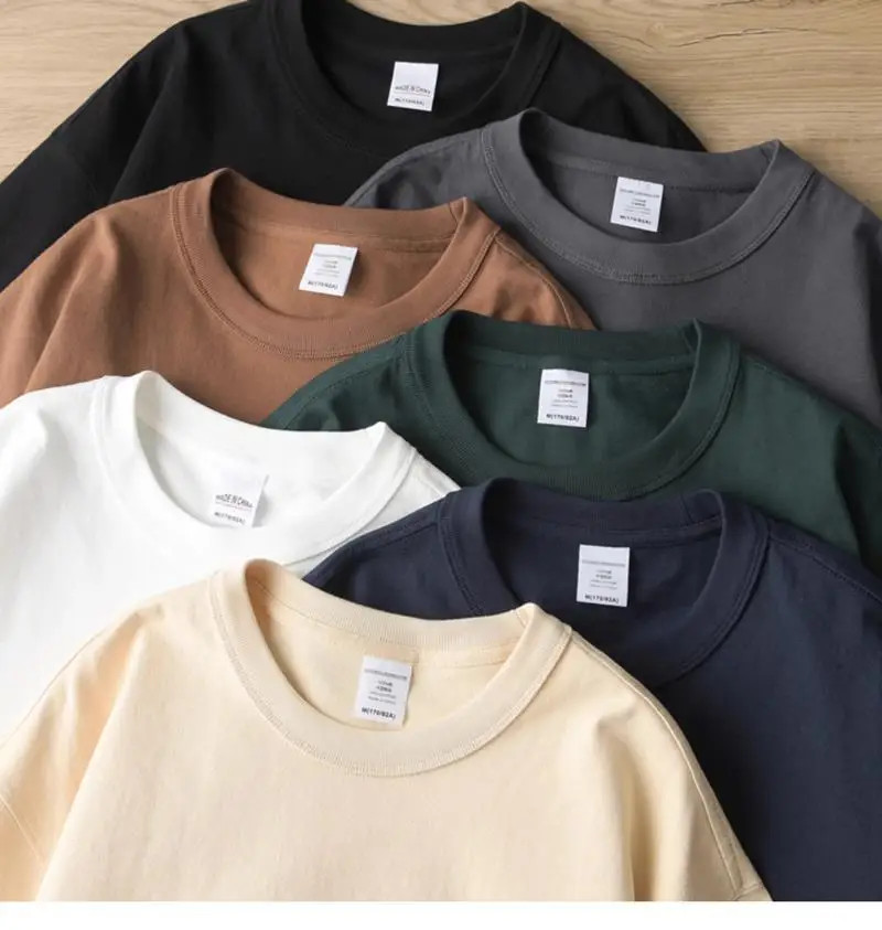 

American Fashion Men and Women Cotton Loose Relaxed Solid Weight Short Sleeve Couple Hip Hop Round Neck Vintage Short Sleeve