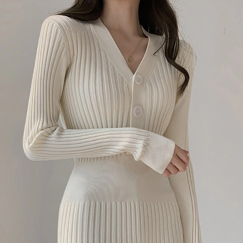 

Vintage Knitted Sweater Long Sleeve Dresses Women Slim Bodycon Korean Elegant Fall Winter Button V Neck Sweater Midi Woman Dress