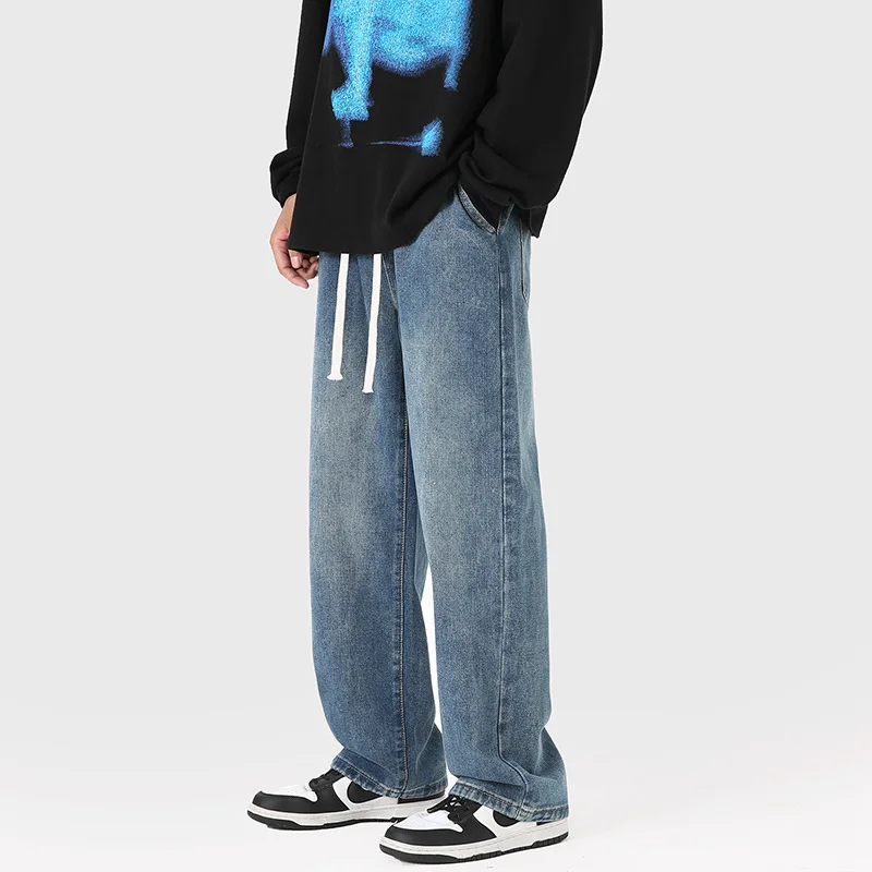 Drawstring Baggy Jeans Men Fashion Retro Casual Straight Jeans Men Streetwear Hip Hop Loose Denim Pants Mens Trousers S-3XL