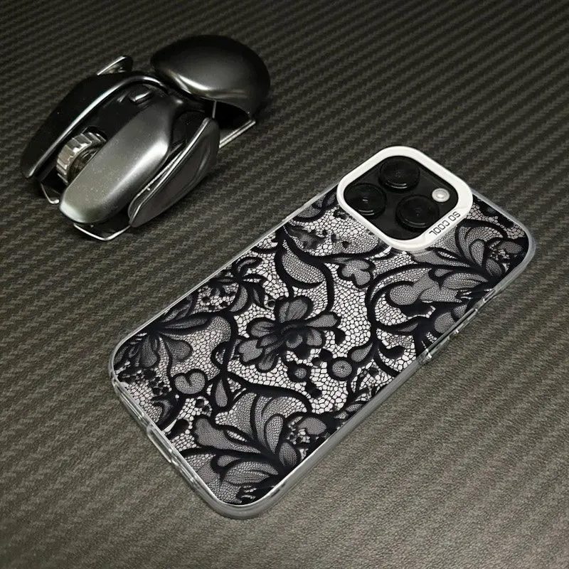 Фото Черный кружевной чехол для телефона для iPhone 17 17Air 16 15 14 13 12 11 Pro Max Mini XS XR X 7 8 Plus 16E противоударный жесткий чехол-бампер №2