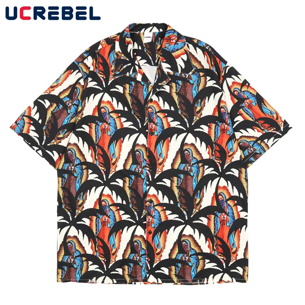

Portrait Print Short Sleeve Shirt Mens Summer Loose Hawaiian Shirt Streetwear Casual Lapel Half-Sleeve Quick-drying Top Men