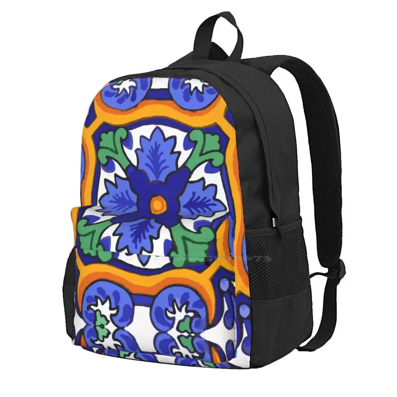 

Talavera Blue Burst Hot Sale Backpack Fashion Bags Talavera Mexican Mexico Spanish Tile Latino Festive Blue Orange Green Purple