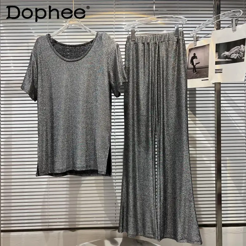 

2022 Summer New Draping Ice Silk Bright Silk Short Sleeve Tshirt Top Women + Elastic Waist Wide Leg Pants Two-Piece Set Outfits