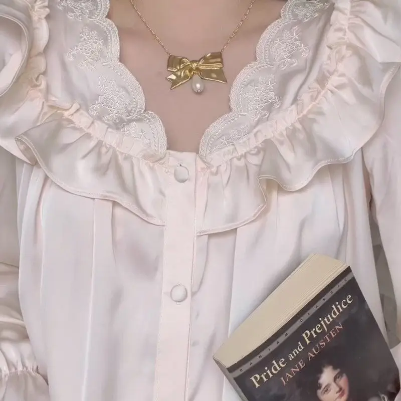 French Women's Dressing Gown Night Dress Negligee court style Silk Robes Nightwear Satin Sleepwear Summer Nightdress Large Size