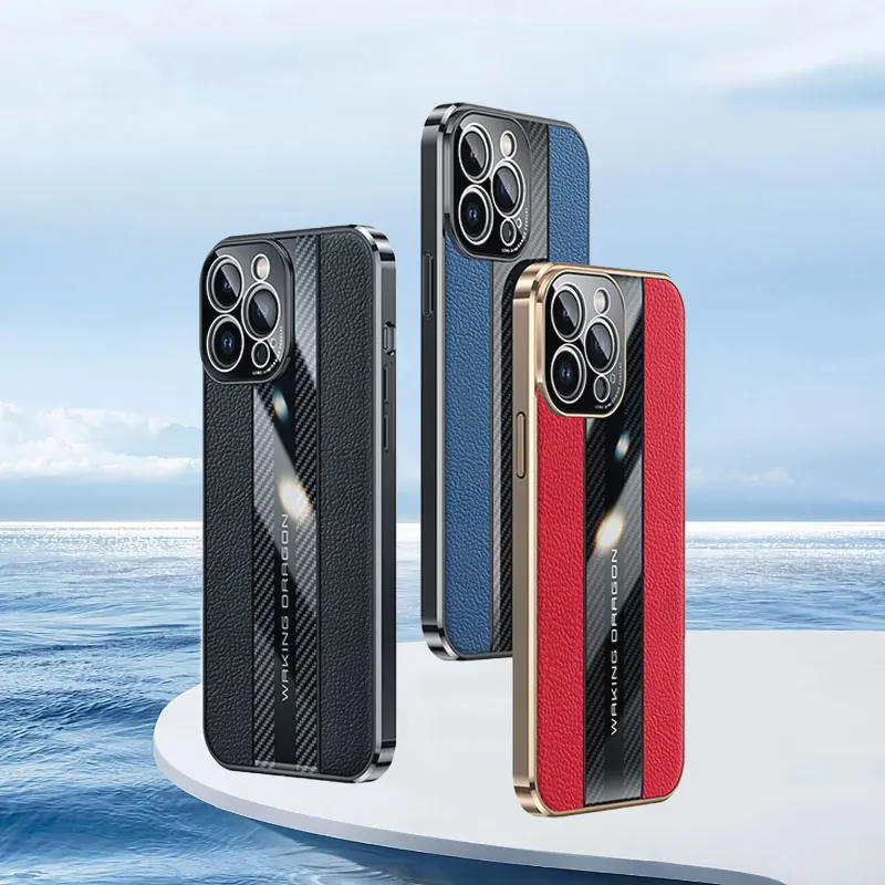 

Чехол из натуральной кожи для iPhon 11 12 13 14 15 Pro Max Plus, гальванизированная крышка из углеродного волокна, полноразмерная защита