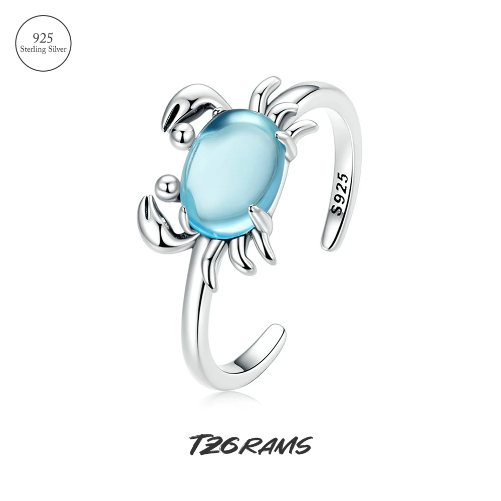 

TZgrams 925 Sterling Silver Ocean Animal Crab Ring with Blue Stone Zircon Opening Type Adjustable Beach Summer Jewelry
