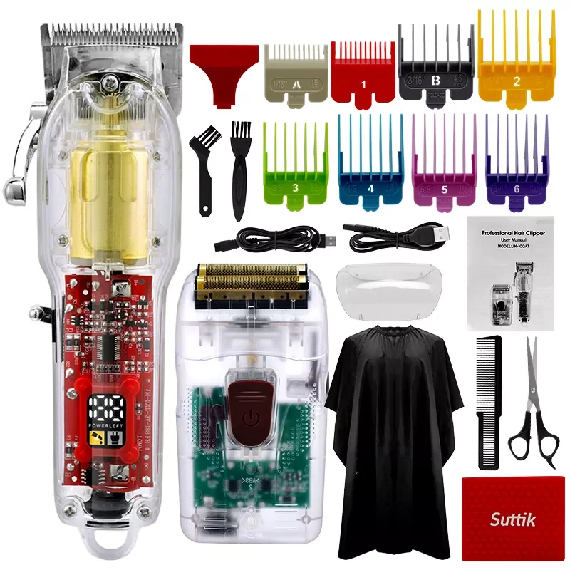 

2022 New Transparent Professional Rechargeable Hair Clipper Shaver Grooming Kit Trimmer Beard Razor Hair Cutting Machine Men LCD