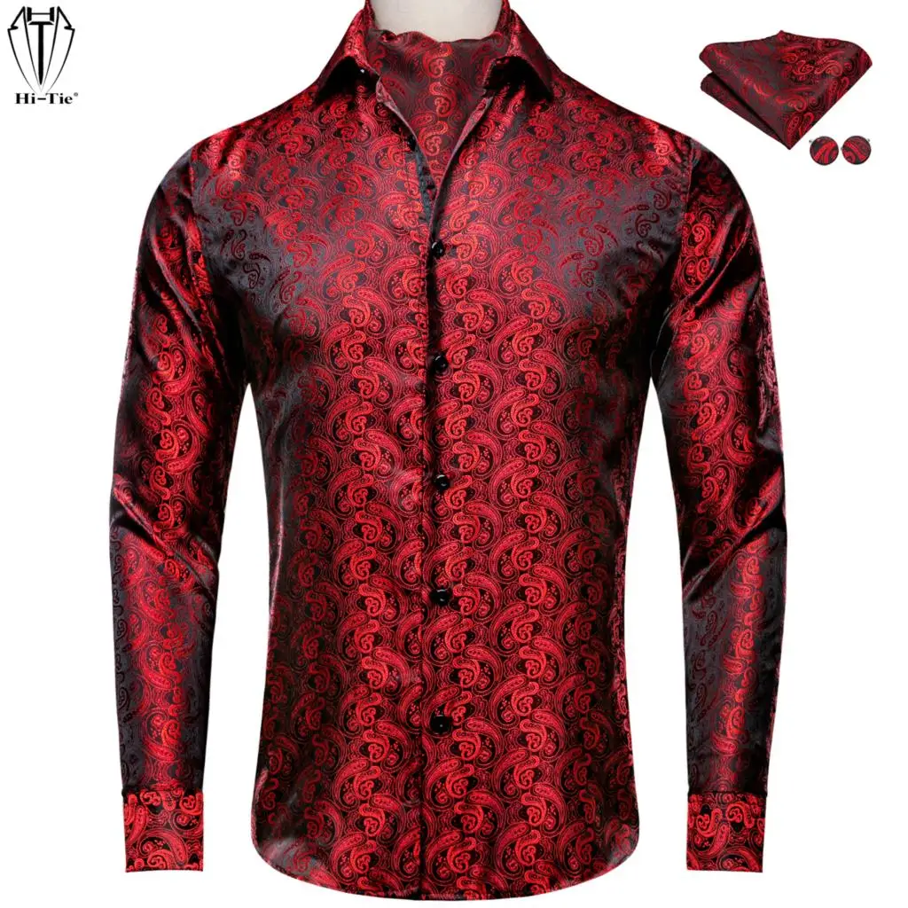 

Hi-Tie красные бордовые шелковые мужские рубашки с носовой платок Ascot запонки с длинным рукавом костюм рубашка ЖАККАРД мужской свадебный бизнес подарок