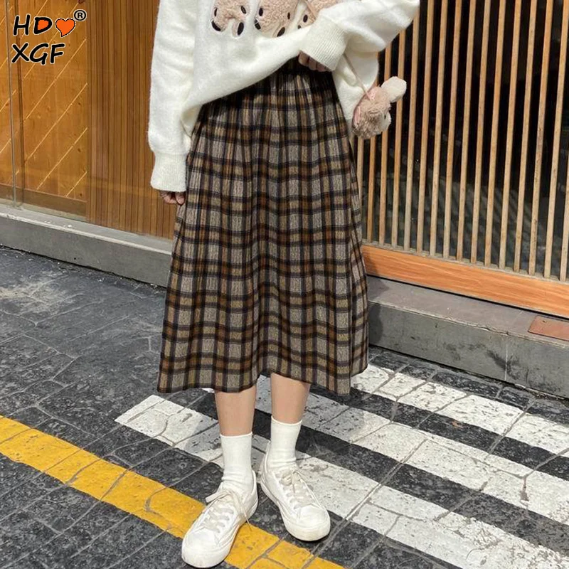 

Vintage High Waist A-line Wool Plaid Skirt Women Autumn Winter Plus Size Preppy Style Long Skirt Harajuku Party Skirt Streetwear