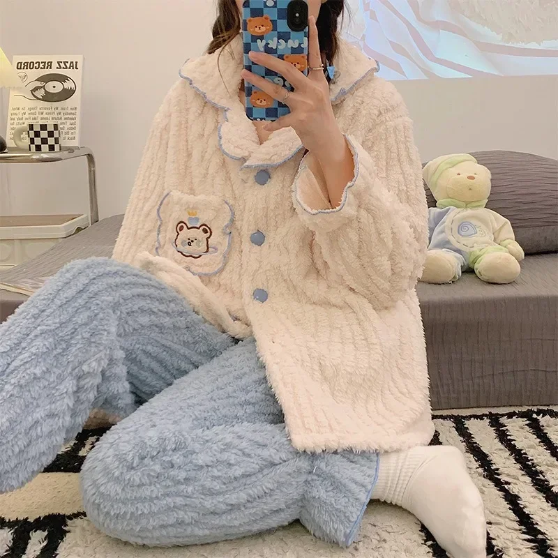 Теплая утепленная одежда для сна милых девочек топы с кукольным воротником брюки