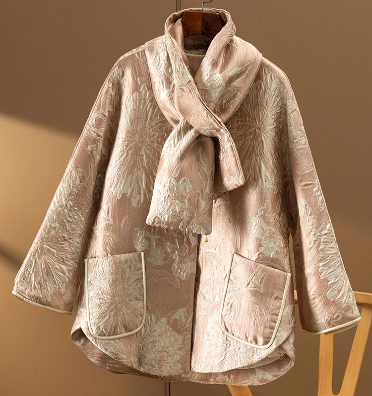 Jacquard Winter Jacket Women Thin Chinese Style Pockets Covered Button Wide-waisted Winter Clothes Women Jackets Scarf