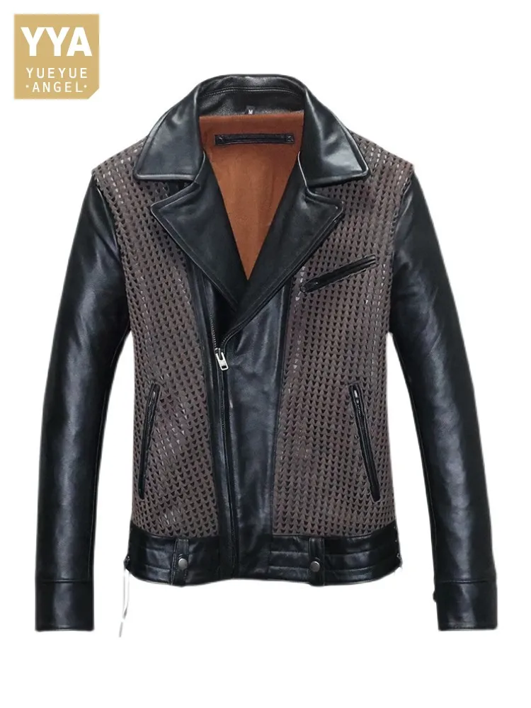 

New Designer Men Weave Genuine Leather Jacket Vintage Slim Fit Natural Cowhide Coat Moto Biker Windpoof Casual Jacket Outerwear