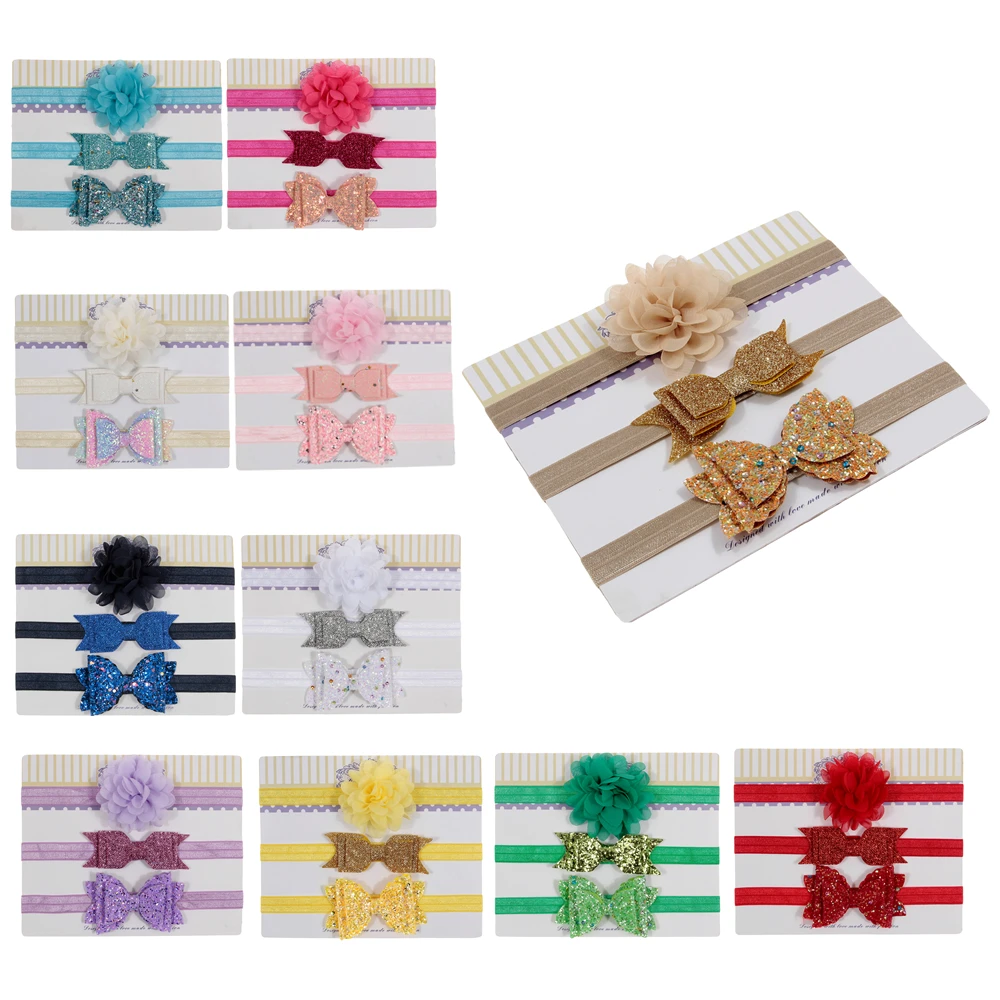 Fashion 3pcs/lot Sequin Bow Chiffon Flower Elastic Headbands Kids Photography Props Baby Girls Cute Hairbands Birthday Gift Sets