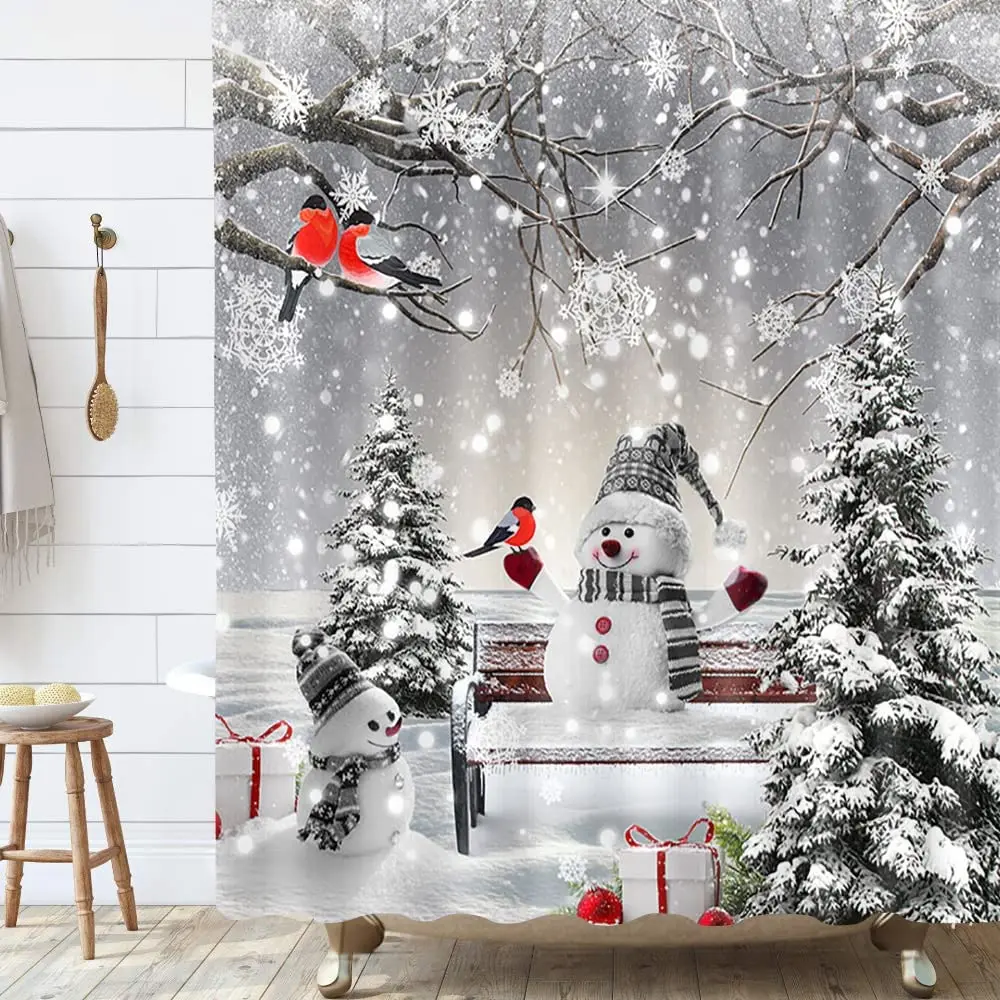 Рождественская занавеска для душа в виде снеговика зимняя серая с птицами