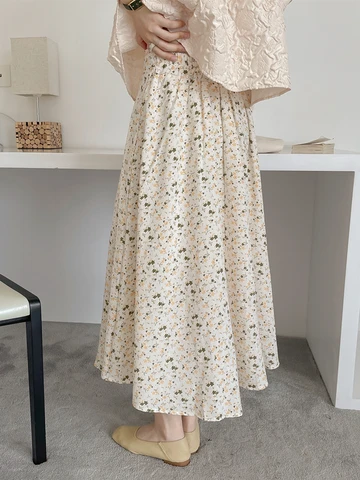 2022 New Chic Floral Print Flared Elegant Vintage Korean Style Fashionable High Waist Spring Summer Women Long Skirts SK1926JM