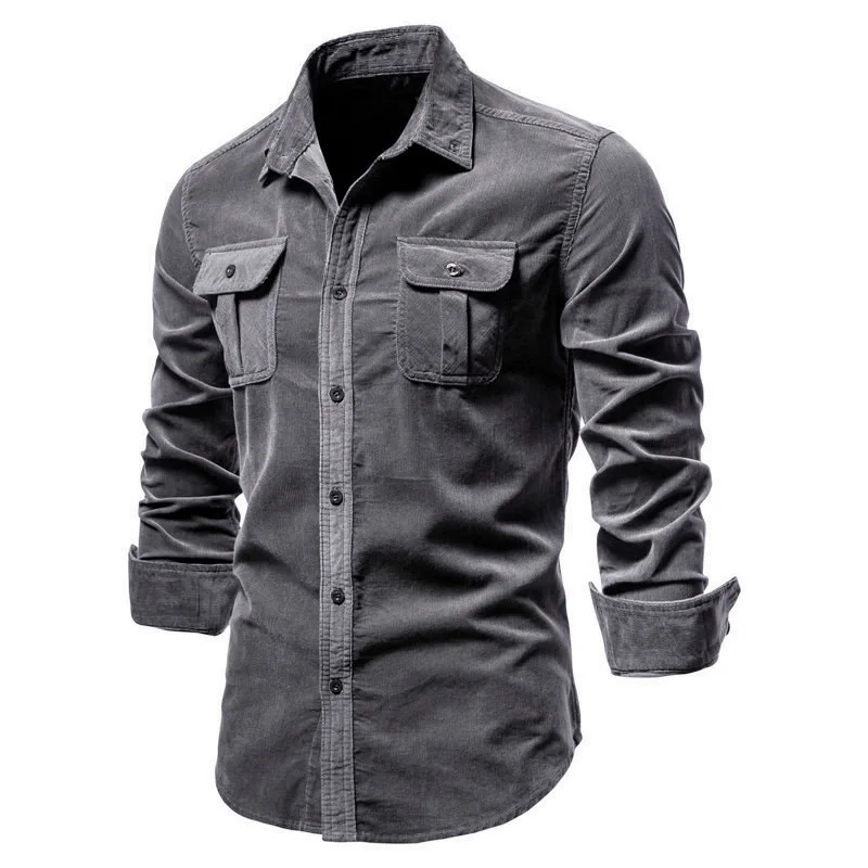 

New Men's Polo Collar Solid Color Business Slim Fit Top Single breasted 100% Cotton Casual Long Sleeve Shirt Corduroy Men Shirt