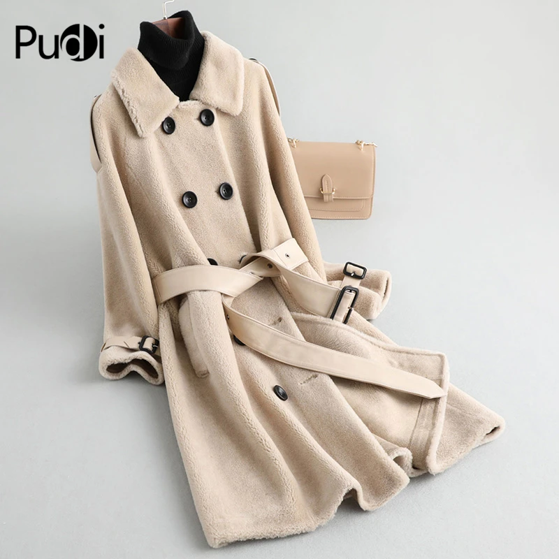 

PUDI A19046 Women Winter Belt Genuine Wool Fur Coat Winter Warm Lady Real Fur Coat Jacket Over Size Parka