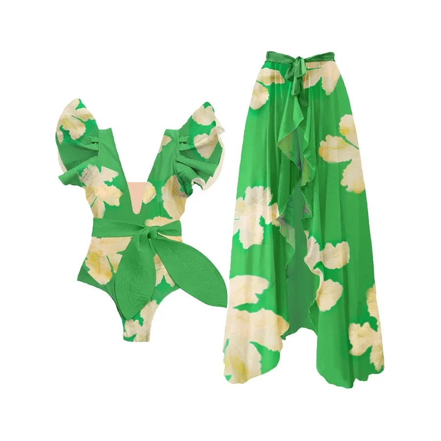 

Fashion Floral Print Ruffle One Piece Swimsuits Green Push Up Slim Bikinis Cover Up Set Women Luxury Tie Swimwear Beachwear 2023