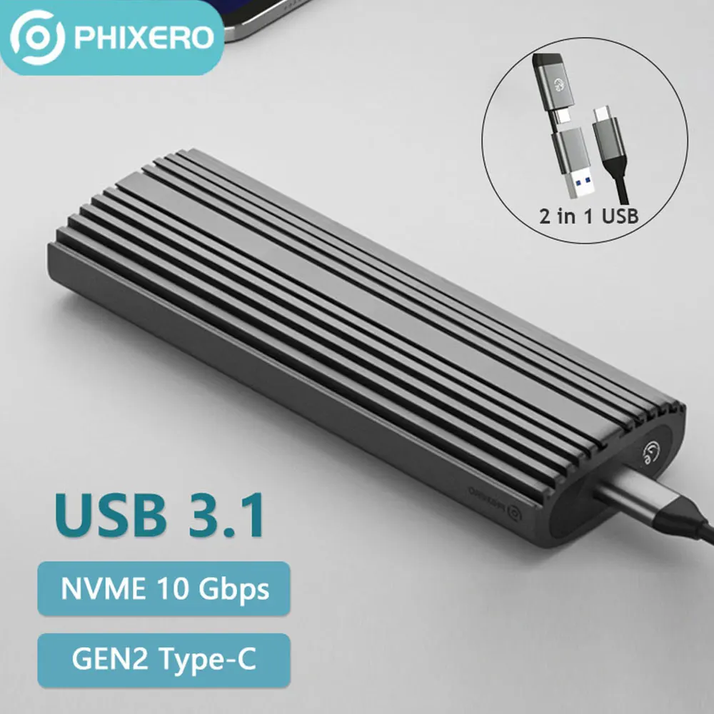 PHIXERO M2 SSD Case M.2 NVMe SATA SSD Enclosure Adapter 10Gbps USB 3.2 Gen2 USB C External Enclosure Supports M and B&M Keys