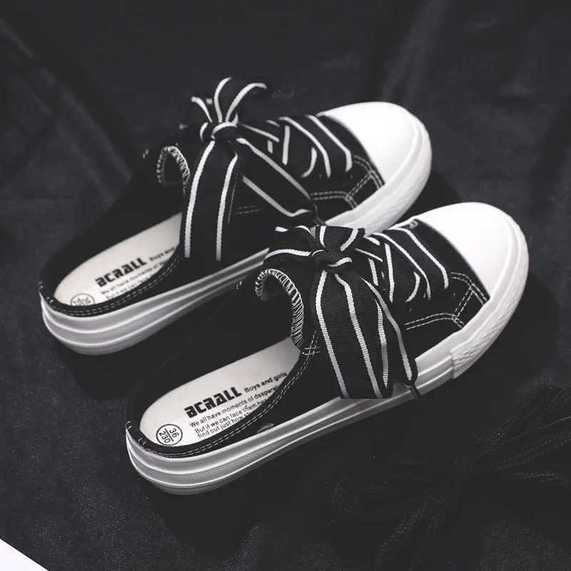 

Girls Canvas Shoes Ribbon Lace Women's Korean-Style All-match White Shoes No Heel Loafers Slipper Slip-on Shoes Riband Sneakers