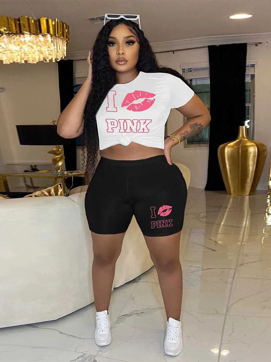 LW Summer Women Clothing Set Plus Size Pink Letter Lip Print Shorts Set short Sleeve Tshirt+Shorts 2Pcs Tops Sports Casual Suit
