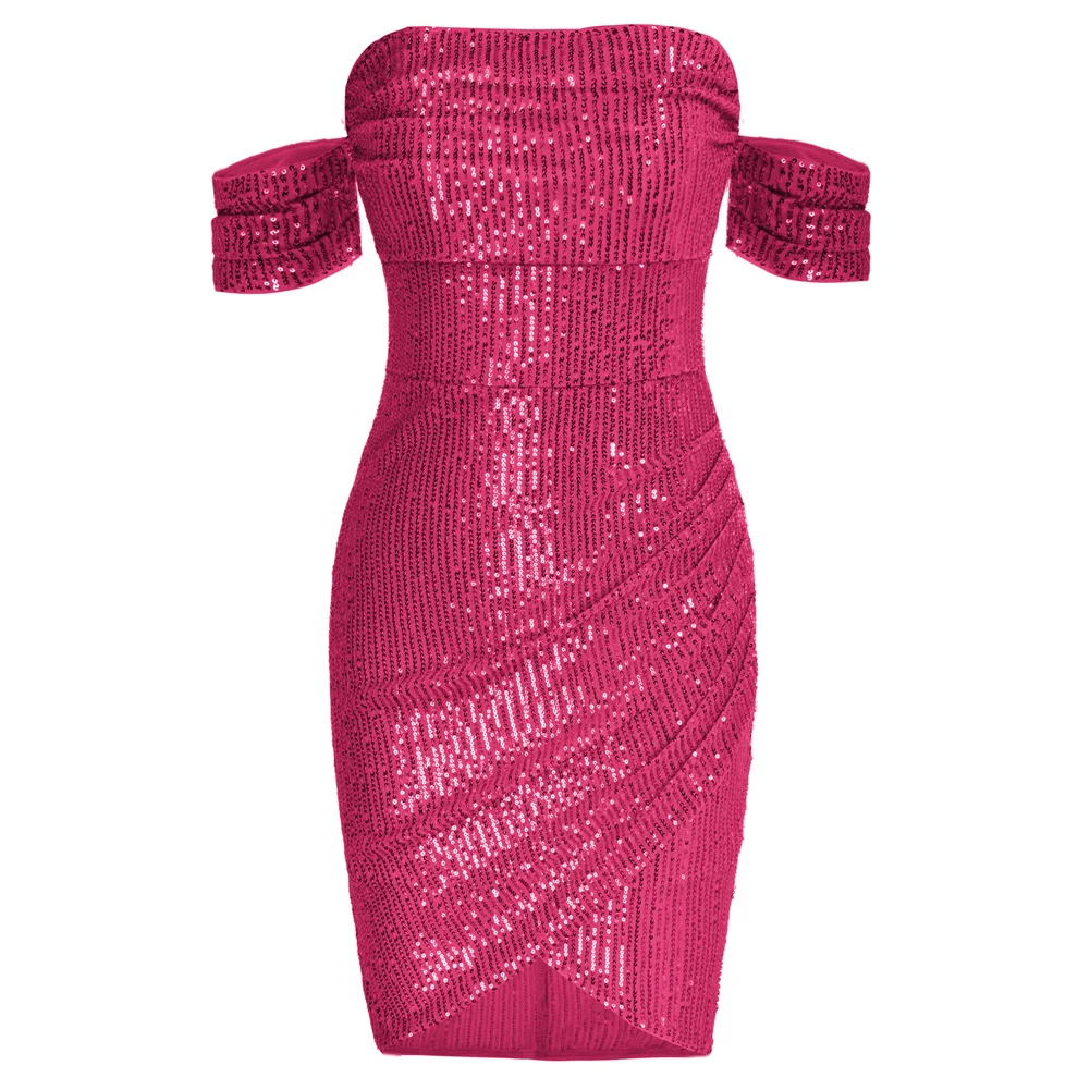 

KK Women Sequined Party Dress Strapless Irregular Hem Ruched Bodycon Dress