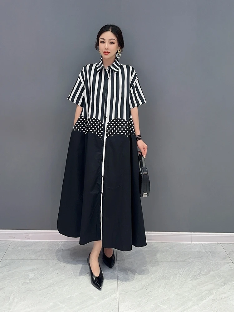 

SuperAen 2023 летнее Новое корейское модное платье-рубашка с отворотом и воротником женское длинное платье с коротким рукавом