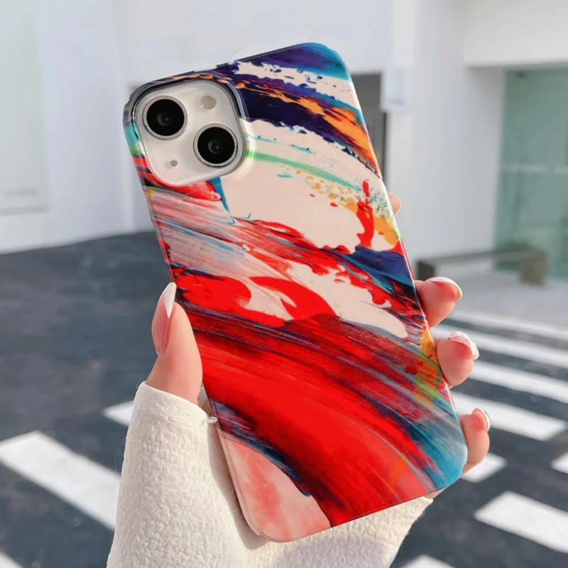 For Iphone13 Pro Max Case 14 Cover 12 MINI 11 X XS XR Oil Painting Graffiti Paint Glossy Film Phone Hard Case Japan South Korea