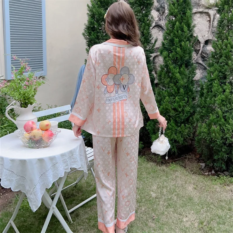 2023 Spring and Autumn New Artificial Silk Jacquard Pajamas Women's Long-Sleeved Trousers Pajamas Suit Fashion Comfortable Homew