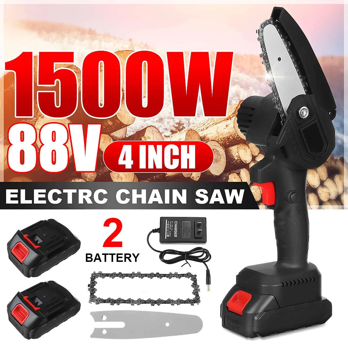

88V 1200W 4 Inch Mini Electric Chain Saw With 2Pcs Battery Woodworking Pruning Chainsaws One-handed Garden Logging Power Tools