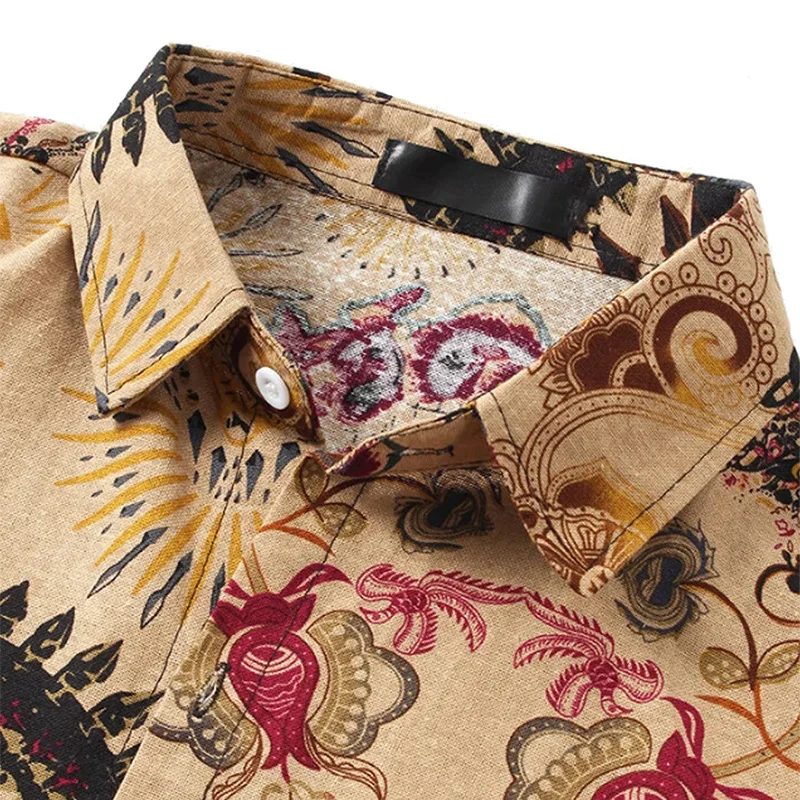 New Men's Vintage T-Shirts Print Ethnic Short Sleeve Button Up Lapel Casual Shirts Summer Mens Tee