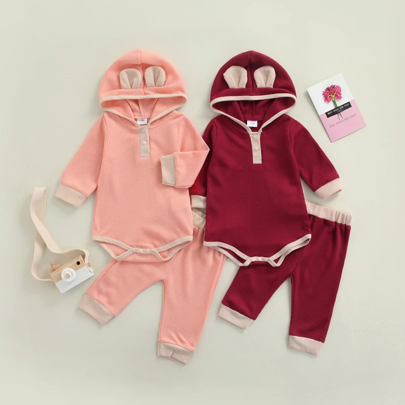 

2 Pcs Baby Girl Clothes Contrast Color Long Sleeve Rabbit Ear Hooded Romper Long Pants for Toddler Spring Fall Set 3-24 Months