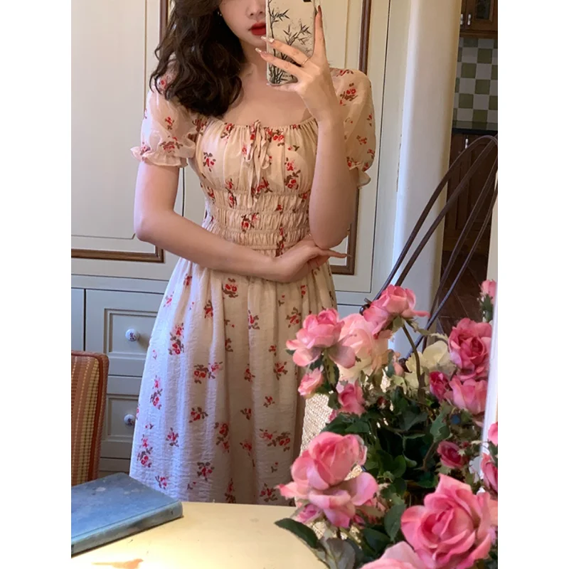 

Летнее винтажное Цветочное платье 2023, милое женское платье средней длины, офисное женское повседневное цельное платье с коротким рукавом, корейская мода